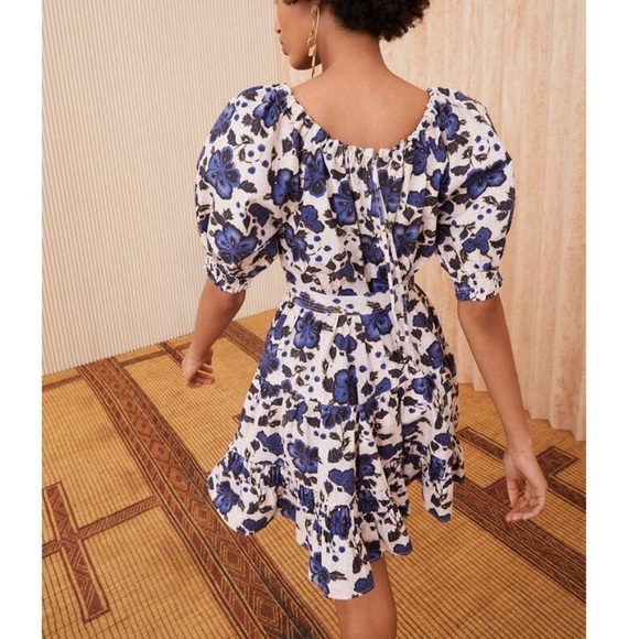 NWT Ulla Johnson Celia Blue Dress Lapis Floral Print Mini Puff Sleeve - Picture 2 of 11